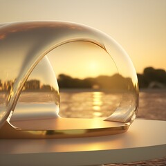 close up detail clear transparent curved tube overlooking the water made from eco bio materials soft texture gold dome smooth roof relaxing space for meditation smooth circular seat attached to edge 