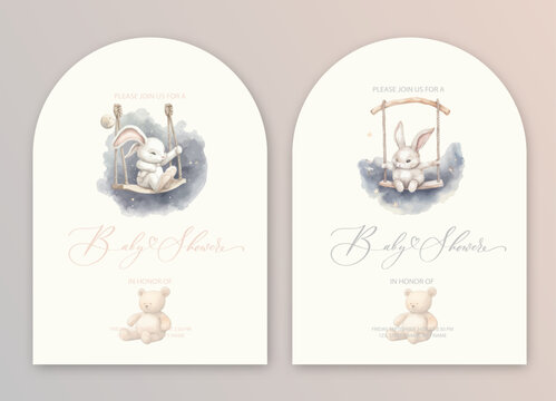 Cute baby shower watercolor invitation card for baby and kids new born celebration with plush bunny rabbit toys.