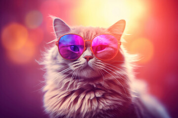 Funny furry fluffy cat in stylish sunglasses with colorfull bokeh background. Purple reflections in glasses. Red and violet shiny background. Stylish ginger cat who is fond of fashion. Copy space.