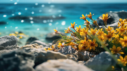 Fototapeta na wymiar Yellow flowers grow from the rocks against the sea. Sunny coast, warm countries, tropics, travelling. Banner for Beach vacation, hotel vacation, tourist route. Travel and travelers.