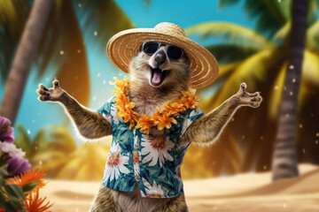 Animal on vacation, A gopher in a Hawaiian shirt wearing straw hat and sunglasses, dancing on...