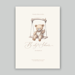 Cute baby shower watercolor invitation card for baby and kids new born celebration with plush teddy bear toy.