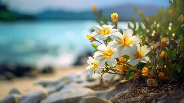 White flowers grow from the rocks against the sea. Sunny coast, warm countries, tropics, vacation and travel abroad. Banner for Beach vacation, hotel vacation, tourist route. Travel and travelers.