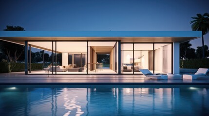 Fototapeta premium Modern house with swimming pool in modern design and night light.3d rendering