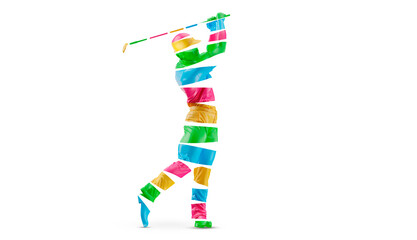 Abstract silhouette of a golf player on white background. Golfer man hits the ball.