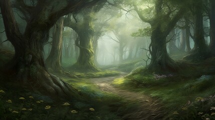 Magical fantasy wood, large treest and dark colors, ai generated