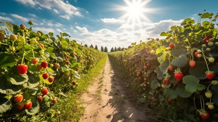 Fototapeta na wymiar Strawberries plantation field at sunset, summer farm landscape