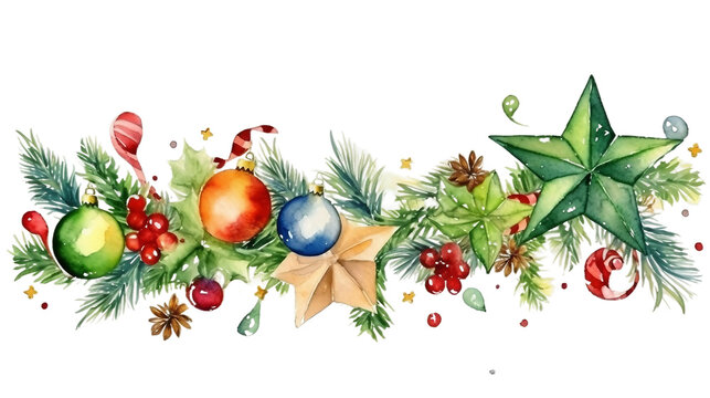 Watercolor christmas tree branches decorated with baubles and stars on white background