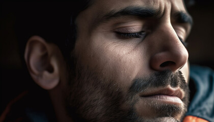 Obraz premium Sad businessman with stubble, looking down in depression and grief generated by AI