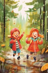 Children enjoy rain while wearing raincoats. (Illustration, Generative AI)