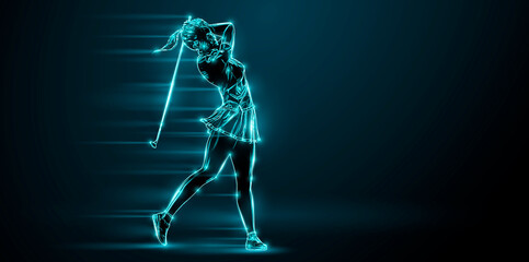 Fototapeta premium Abstract silhouette of a golf player on black background. Golfer woman hits the ball.