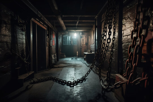 A dimly lit hallway with chains hanging from the ceiling. AI generative.