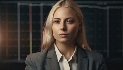 Fototapeta premium Confident young businesswoman in elegant suit, standing outdoors, smiling generated by AI