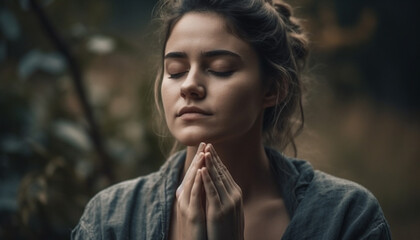 Young woman meditating in nature, eyes closed, serene and peaceful generated by AI