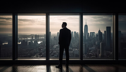 Fototapeta na wymiar Successful businessman standing in cityscape, looking at urban skyline generated by AI