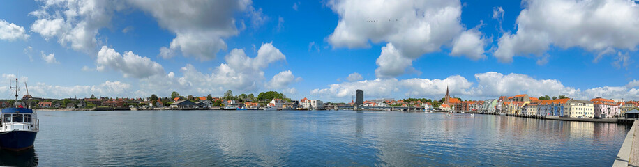 Fototapeta na wymiar Panorama Sønderborg harbor with beautiful old buildings, on a beautiful summer day, Sønderborg, Denmark