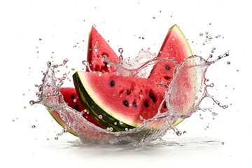 Juicy Fresh Watermelon Slice Splashing into Mid Water Against White Background generative AI
