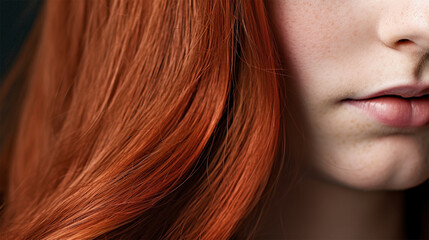 Fototapeta premium close-up element of portrait of young woman with bright red hair color and hairstyle. Banner or poster. Social media content for beauty salons. hair dye color in the catalog. Generative AI