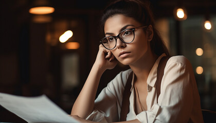 Young adult woman with brown hair, eyeglasses, and confidence working generated by AI