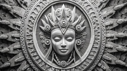 Fototapeta premium Ancien spiritual face sculpture carved. A Phantasmagoric relief portrait of a fantasy goddess with a crown. Sacred god. Generative AI. Illustration for cover, card, postcard, interior design or print.