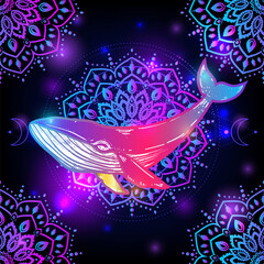 Whale mandala psychedelic. Vector illustration. Colorful Psychedelic art. Whale sea animal in Zen boho style. Hippie, hallucination. Space cosmic mystical pattern