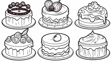 
Children's coloring book with holiday cakes, black and white graphics with a curly pattern. The development of motor skills of children with drawings. Generative AI