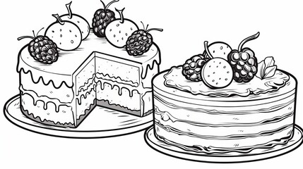 
Children's coloring book with holiday cakes, black and white graphics with a curly pattern. The development of motor skills of children with drawings. Generative AI