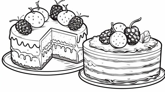 
Children's coloring book with holiday cakes, black and white graphics with a curly pattern. The development of motor skills of children with drawings. Generative AI