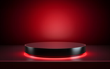 Abstract minimal concept. Modern black neon podium stage platform display on dark red background room. Mock up template for product presentation. 3D rendering. copy text space
