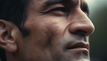 Obraz premium Confident young adult men looking outdoors with serious contemplation generated by AI