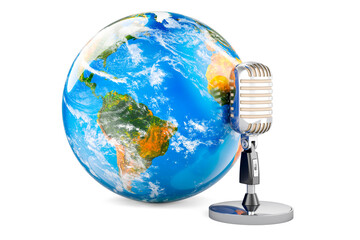 Retro microphone with Earth Globe. 3D rendering