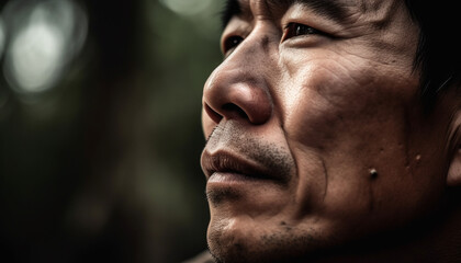 Obraz premium Serene senior man with gray hair looking at camera outdoors generated by AI