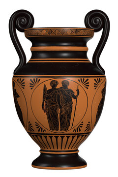 Ancient Greek antique vase for water and wine depicting a young couple of a man and a woman with a laurel wreath, a staff and a palm branch. Object isolated on white background.