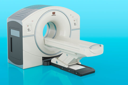 PET scanner, positron emission tomography. 3D rendering on blue backdrop