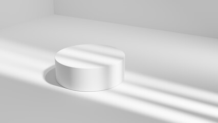 White background podium, podium stage showroom white background, place for product and design, white room with podium and sunlight, windows shadows white room