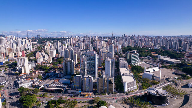 Sao Paulo, SP, Brazil - 05, 2023: Aerial view of the Latin America Memorial in Sao Paulo, Brazil. In the neighborhood of Barra Funda.