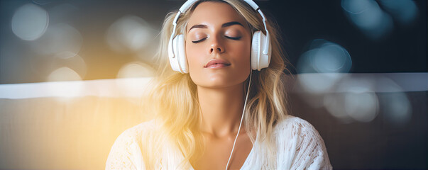 Close-up of a young woman enjoying a mobile playlist.  Relaxes with music. generative ai