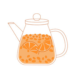 Autumn tea. Sea buckthorn tea with citrus in the kettle. Flat illustration.