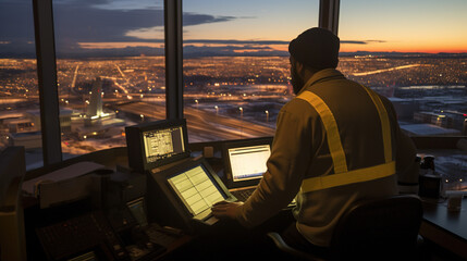 Ensuring Safe Skies: Air Traffic Controller at Work in an Air Control Tower, Generative AI - obrazy, fototapety, plakaty