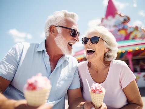 Beautiful sweet happy retired gray haired senior couple laughing, smiling, and eating ice cream in amusement park during festival. Generative AI