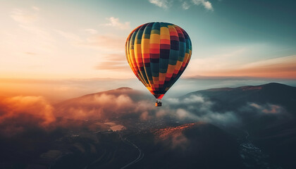 Gliding high up in the multi colored hot air balloon adventure generated by AI - obrazy, fototapety, plakaty