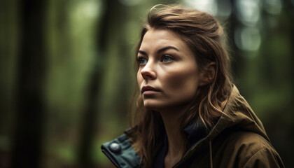 Naklejka premium Beautiful young woman in nature, smiling and looking at camera generated by AI