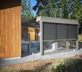 Modern Pergola and Sunroom on Mountain House Patio. 3d renderinf - obrazy, fototapety, plakaty