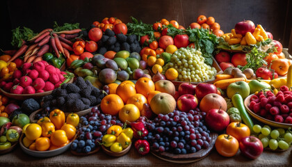 Naklejka na ściany i meble A large basket of multi colored, fresh, organic fruits and vegetables generated by AI