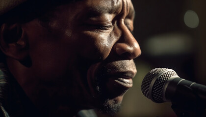 One African American musician singing on stage, captivating the audience attention generated by AI