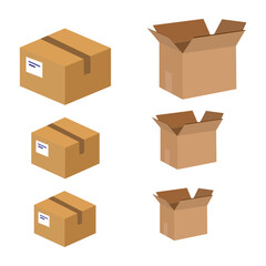 Vector isometric cardboard box set. Collection of isometric cardboard boxes of different types - open box, closed box, boxes with a postal filler.