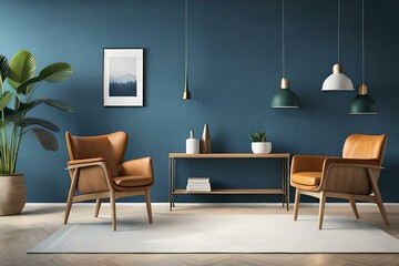 A modern blue living room filled with elegant wooden accessories, neutral dividers, and decorative plants, rendered in 3D.
