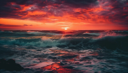 Tranquil seascape at dusk, waves crash on sandy shore generated by AI