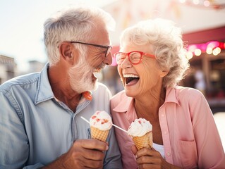Beautiful sweet happy retired gray haired senior couple laughing, smiling, and eating ice cream in amusement park during festival. Generative AI - Powered by Adobe
