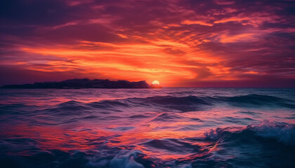 Fototapeta na wymiar Vibrant sunset sky reflects on tranquil water, idyllic seascape beauty generated by AI